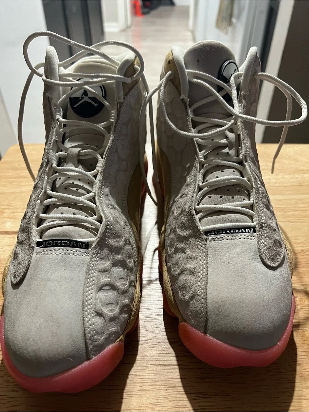 Jordan Men’s Grey Suede Athletic Shoes with Pink Outsole